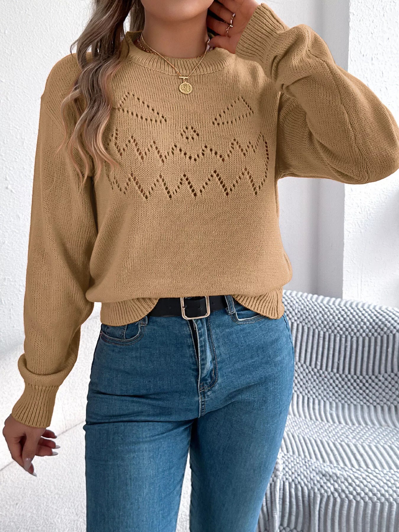 Openwork Round Neck Long Sleeve Sweater - Tigbul's Variety Fashion Shop