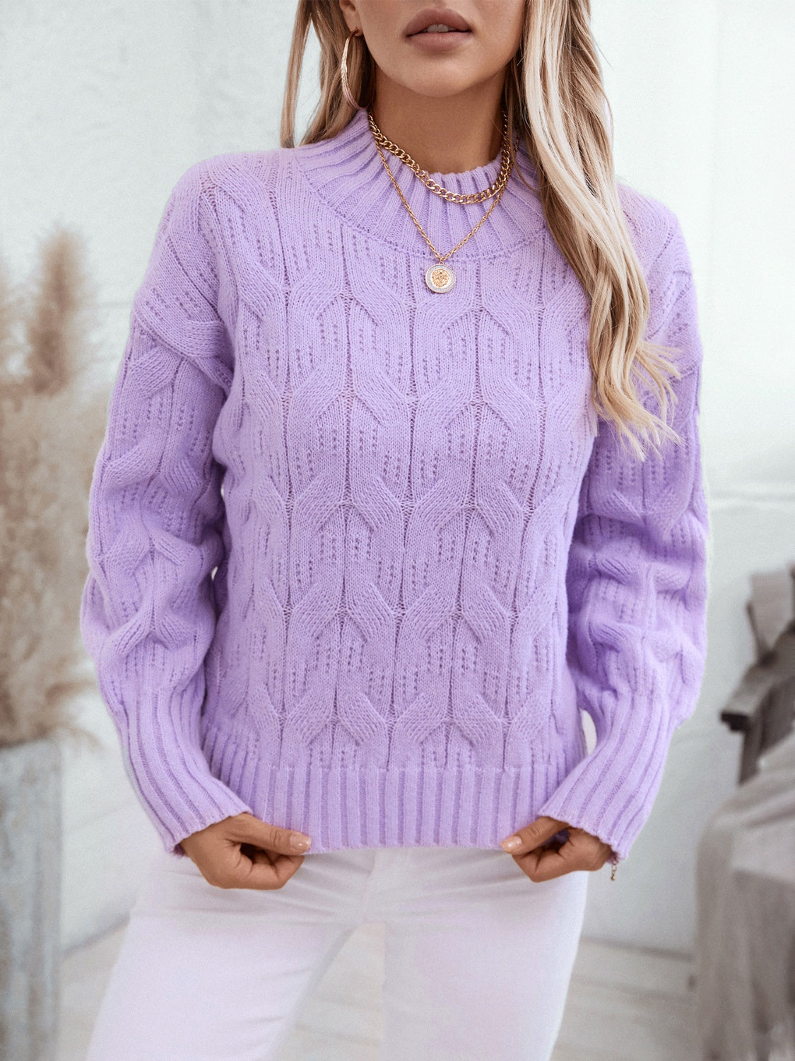 Cable Knit Mock Neck Long Sleeve Sweater - Tigbul's Variety Fashion Shop