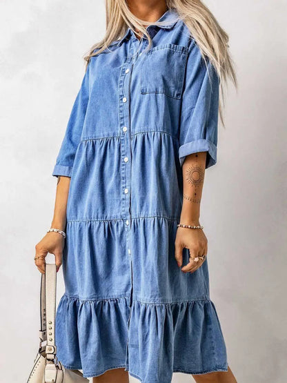 Full Size Ruffled Hem Button Up Denim Midi Dress Plus Size - Tigbul's Variety Fashion Shop