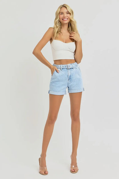RISEN Full Size High Rise Belted Roll Up Shorts Plus Size - Tigbul's Variety Fashion Shop