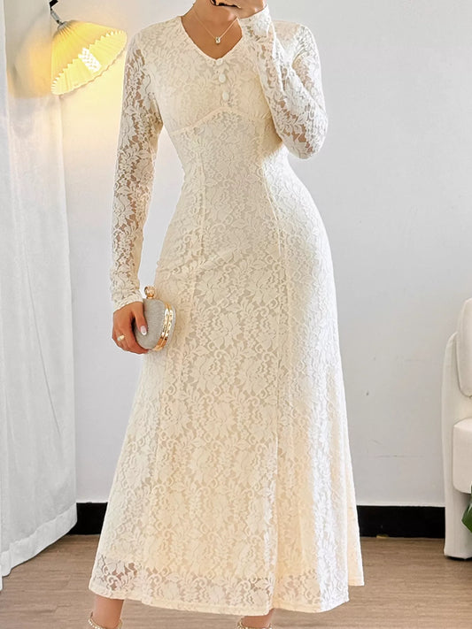 Lace V-Neck Long Sleeve Dress - Tigbul's Variety Fashion Shop