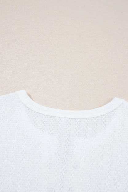 Textured Hollow Grommet Placket Split Neck Short Sleeve Top - Tigbul's Variety Fashion Shop