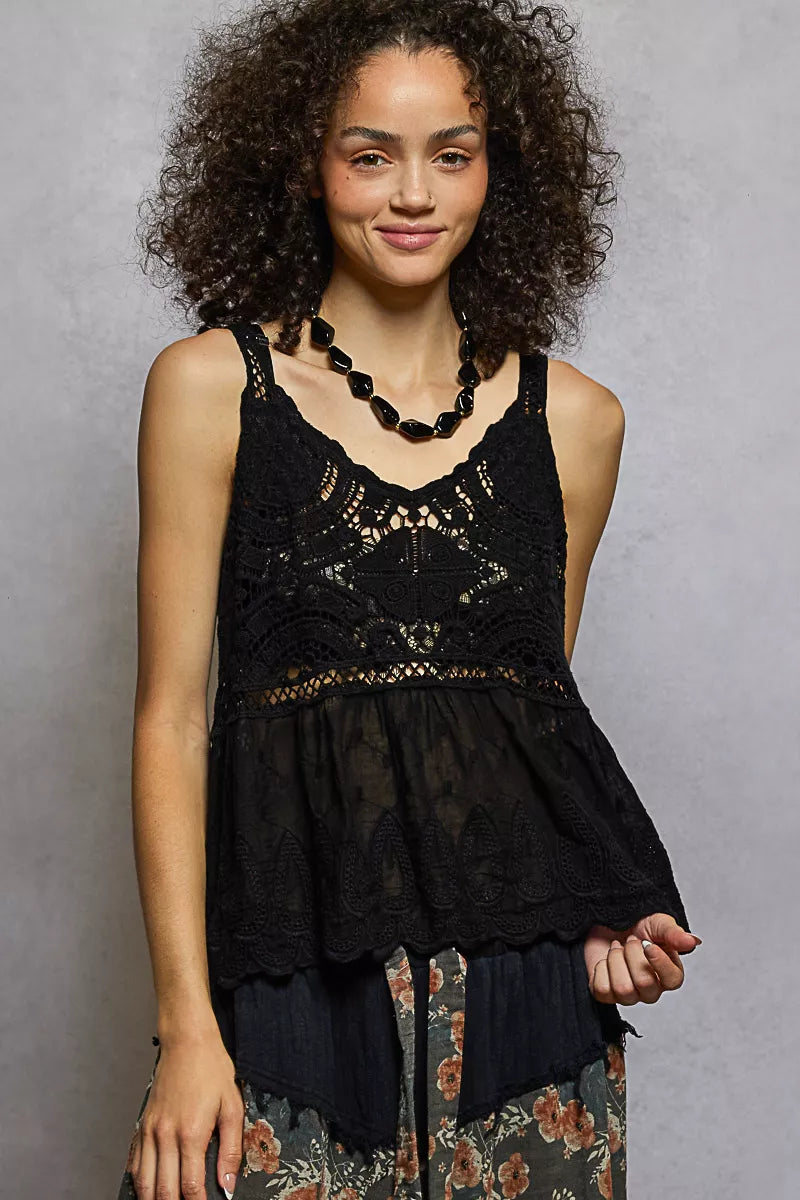 POL V-Neck Crochet Tank with Floral Embroidery Detail - Tigbul's Variety Fashion Shop