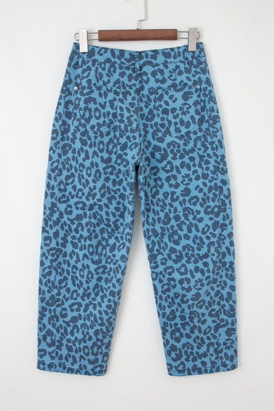 JUNIPER BLVD leopard high waist straight jeans, sky blue, front view
