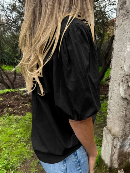 Button Down Puff Sleeve Shirt - Tigbul's Variety Fashion Shop