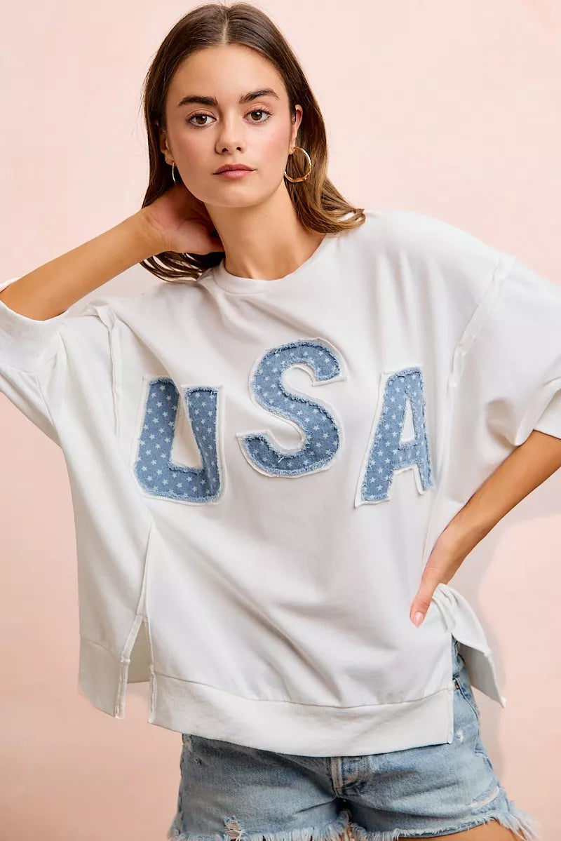 USA Letter Patchwork White French Terry Top Women's | Tigbuls Fashion
