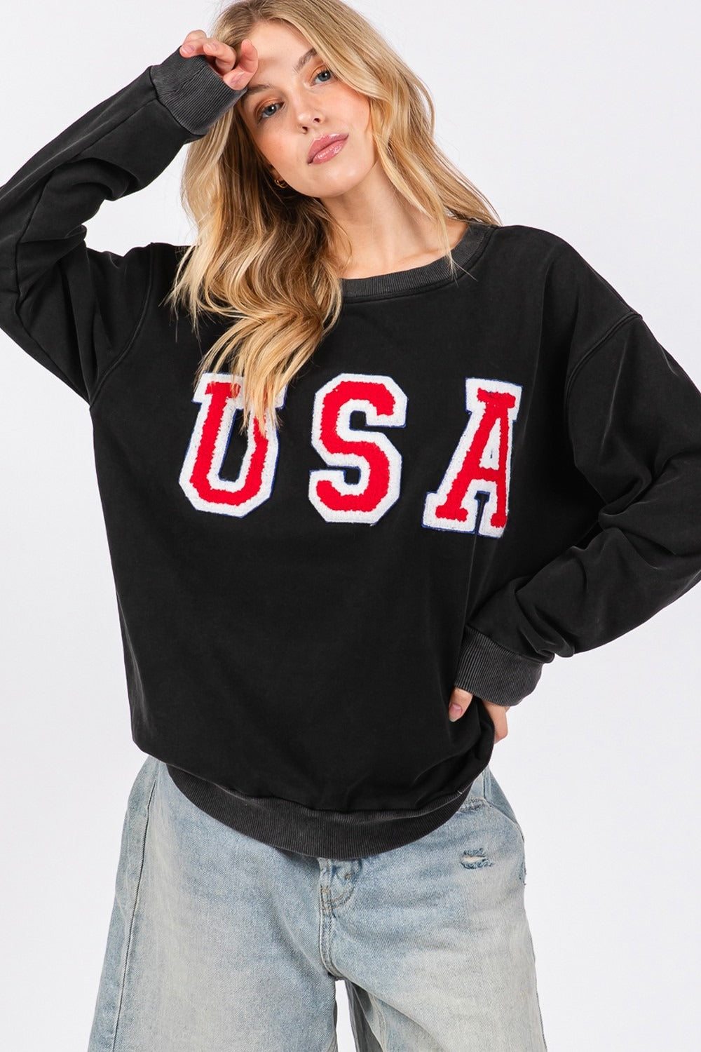 Sage + Fig USA Letter Patch Round Neck Sweatshirt - Tigbul's Variety Fashion Shop