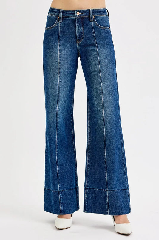 RISEN Full Size Tummy Control Mid Rise Ankle Wide Flare Jeans Plus Size - Tigbul's Variety Fashion Shop