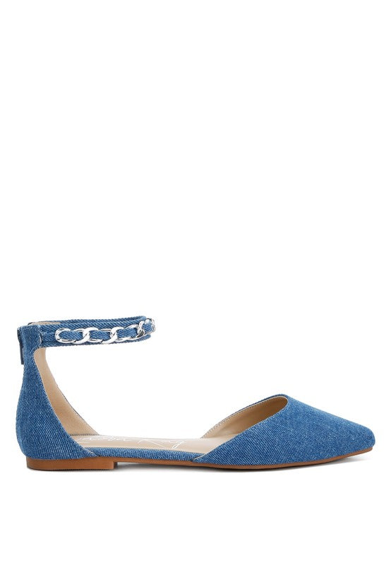 Buqisi Denim Blue Chain Embellished Flat Sandals - Tigbul's Variety Fashion Shop