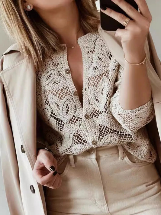 Lace Button-Up Long Sleeve Shirt - Tigbul's Variety Fashion Shop