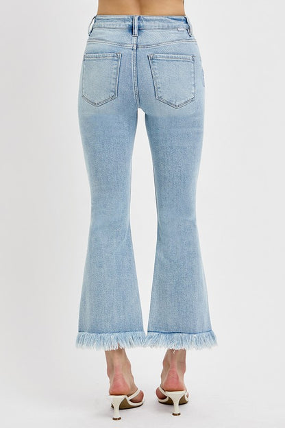 Light Blue Raw Hem Distressed Cropped Flare Jeans Plus Size - Tigbul's Variety Fashion Shop