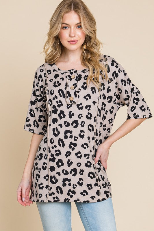 Button Detail Exposed Seam Leopard Half Sleeve Top - Tigbul's Variety Fashion Shop