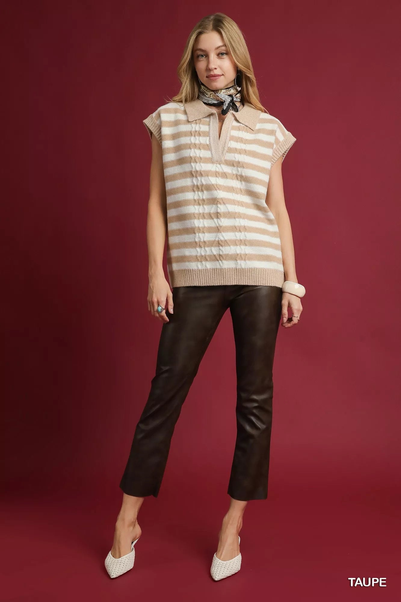 Umgee Cable Knit Collared Striped Vest Sweater - Tigbul's Variety Fashion Shop