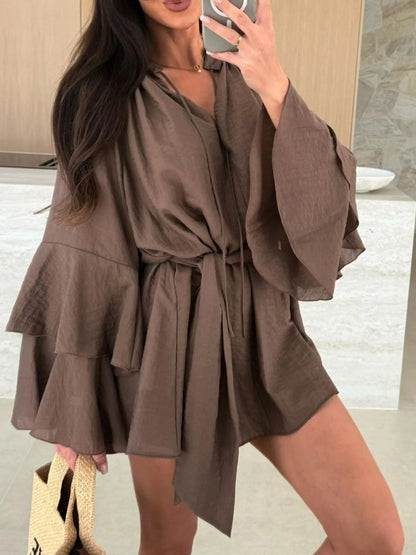 Bell Sleeve Tie Waist Mini Shirt Dress - Tigbul's Variety Fashion Shop