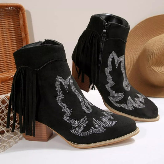 Fringe Point Toe Block Heels Boots - Tigbul's Variety Fashion Shop