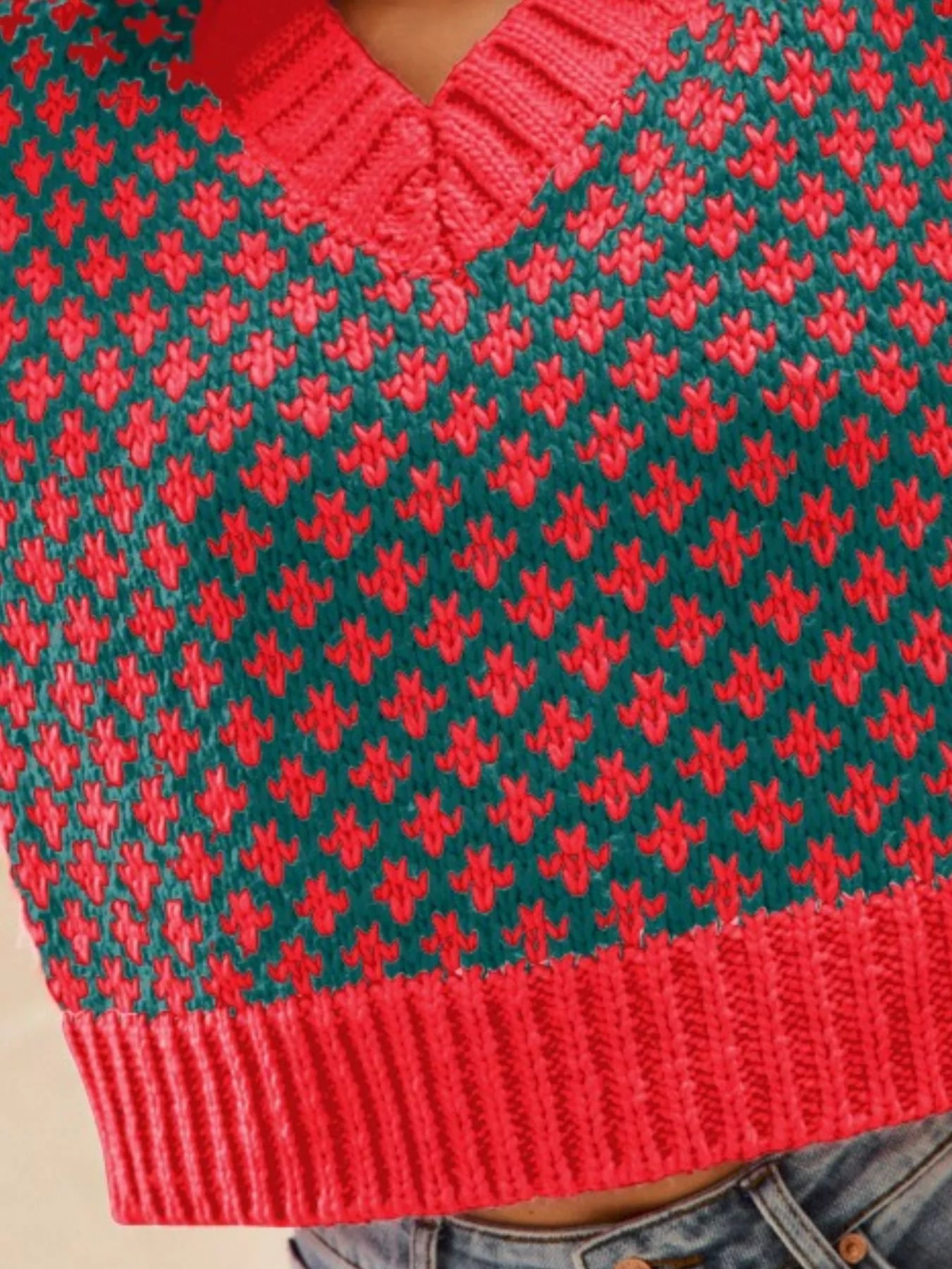 SO ME Color Block Textured Christmas Sweater V Neck Top - Tigbul's Variety Fashion Shop