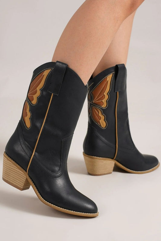 Black Butterfly Cut Detail Point Toe Boots - Tigbul's Variety Fashion Shop