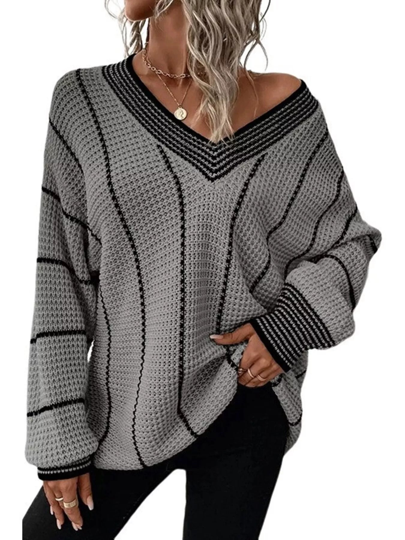 Full Size V-Neck Textured Knit Sweater Plus Size - Tigbul's Variety Fashion Shop