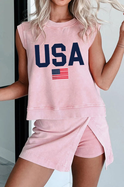 USA Round Neck Tank and Shorts Set - Tigbul's Variety Fashion Shop