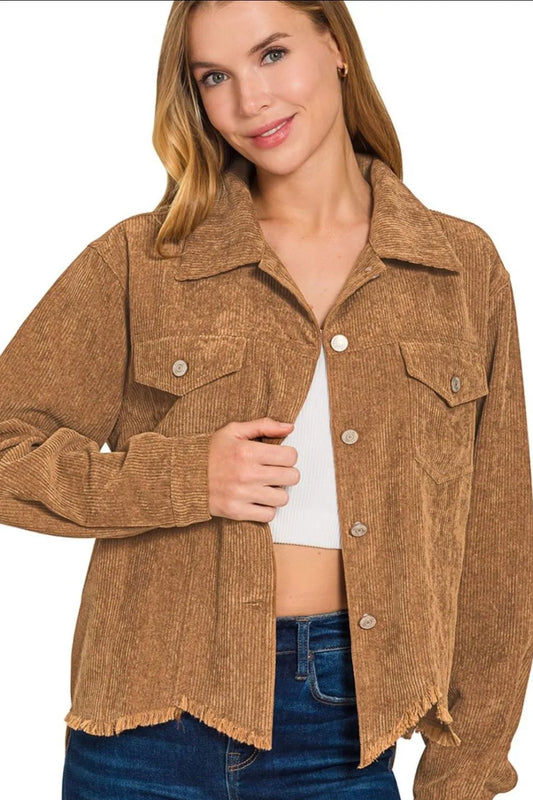 Zenana Distressed Corduroy Frayed Hem Cropped Jacket - Tigbul's Variety Fashion Shop