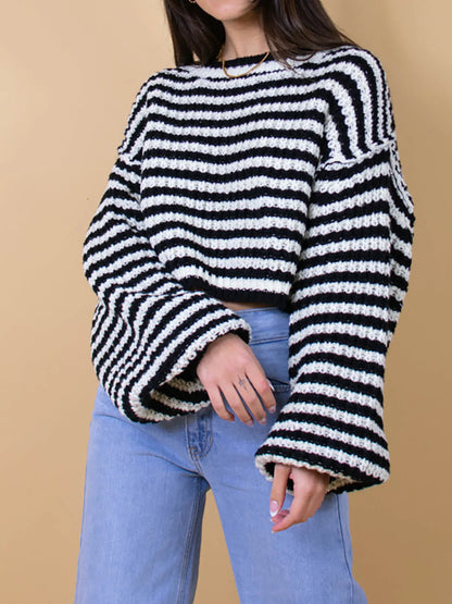 Oversized Striped Drop Shoulder Sweater - Tigbul's Variety Fashion Shop