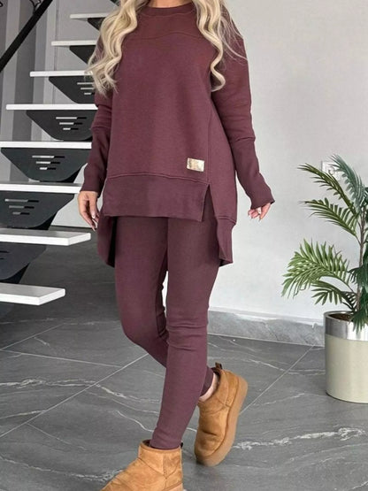 Full Size Slit Round Neck Top and Pants Set Plus Size - Tigbul's Variety Fashion Shop