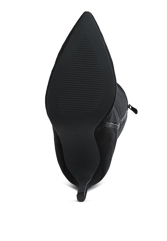 Black calf boots back view with slim heel and textured sole