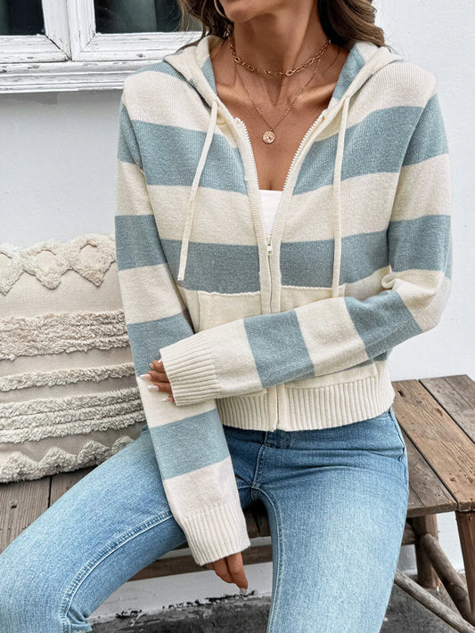 Drawstring Zip Up Striped Cardigan - Tigbul's Variety Fashion Shop