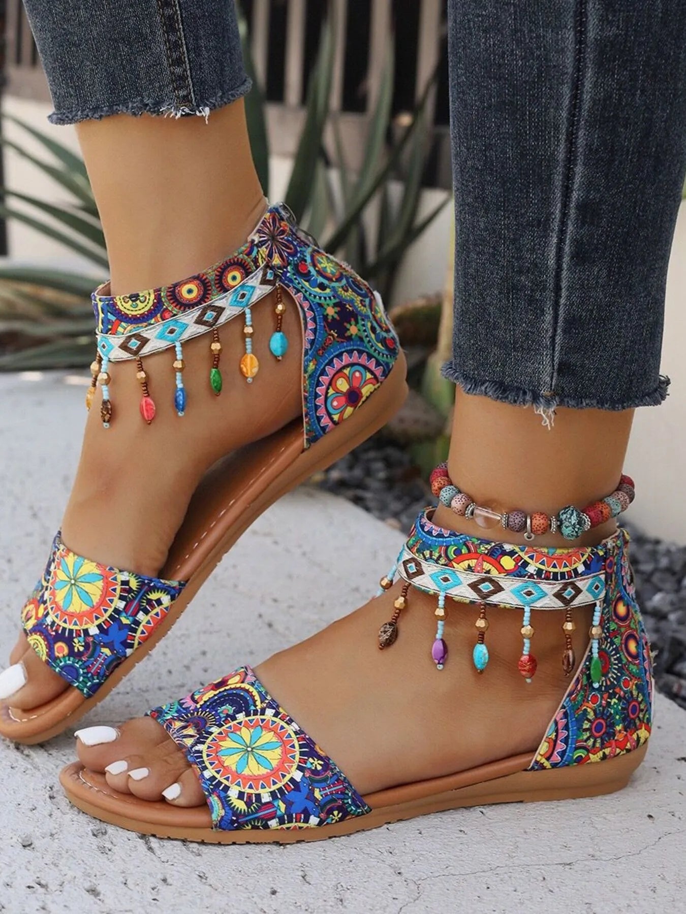 Beaded Ankle Strap Sandals - Tigbul's Variety Fashion Shop