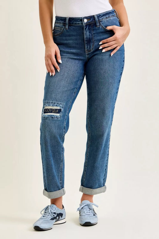 Judy Blue Mid Rise Boyfriend Embroidered Repair Patch Jeans - Tigbul's Variety Fashion Shop