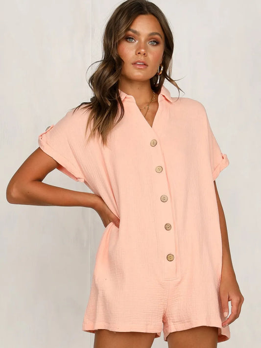 Button Front Short Sleeve Romper - Tigbul's Variety Fashion Shop