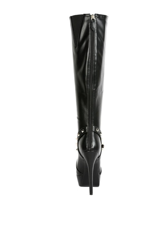 Size US 9 Black Nephele Silver Stud Stiletto Calf Boots - Tigbuls Variety Fashion