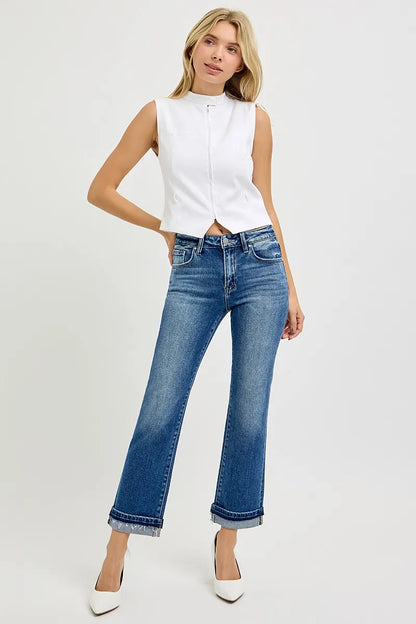 RISEN Mid Rise Ankle Straight Cuffed Jeans - Tigbul's Variety Fashion Shop