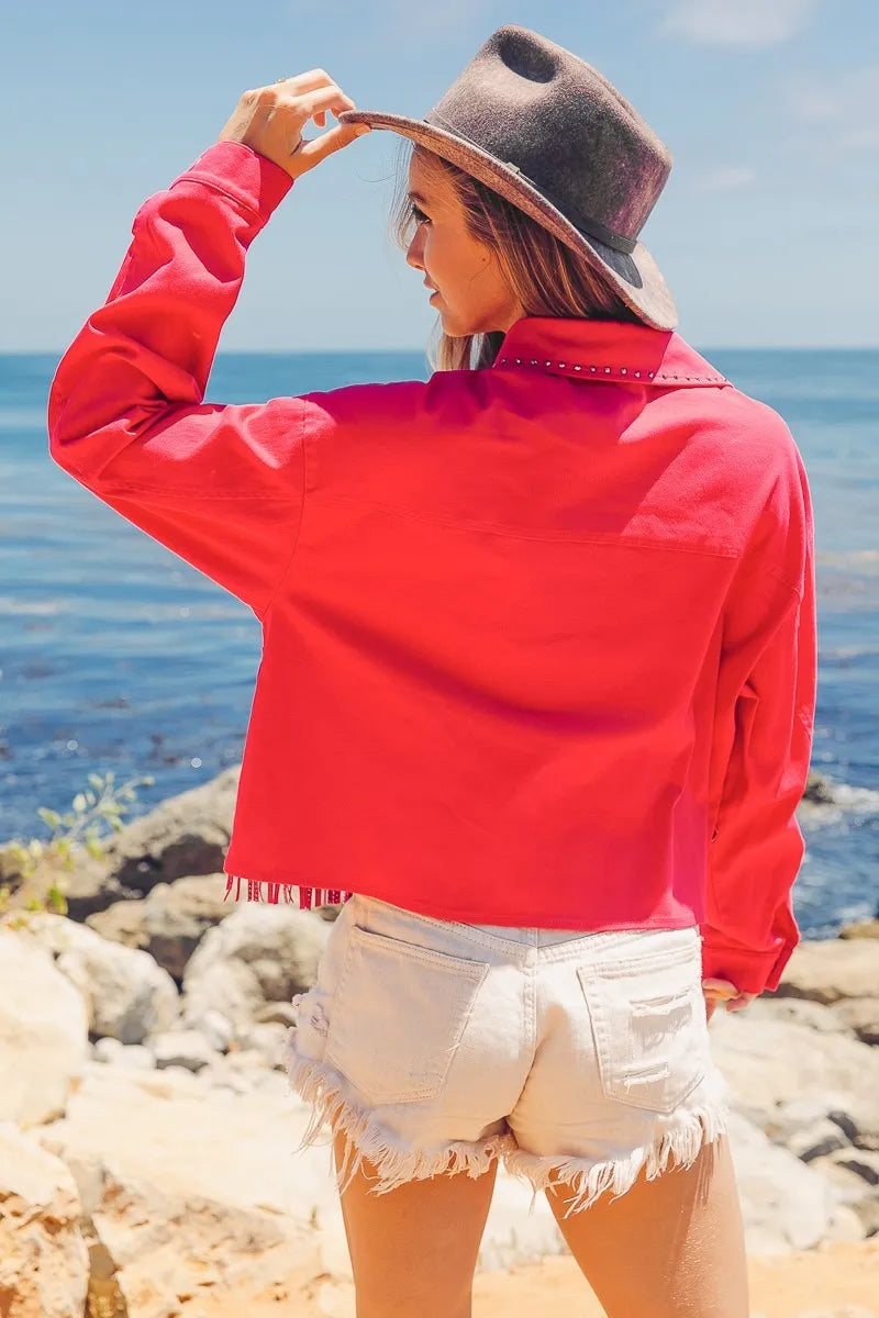 Rhinestone Fringe with Studded Collar Jacket - Tigbul's Variety Fashion Shop