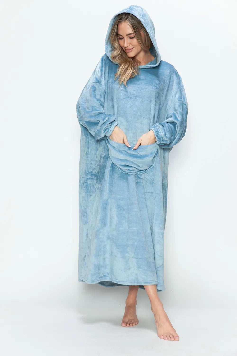 Pastel blue hooded midi lounge dress with front pocket and relaxed long sleeves