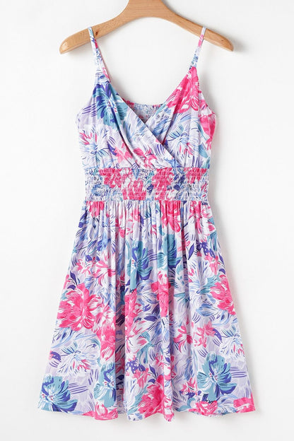 Floral Spaghetti Strap Surplice Neck Shirred Waist Mini Dress - Tigbul's Variety Fashion Shop