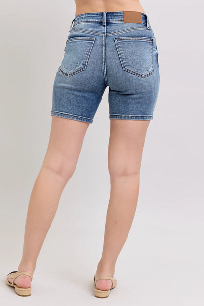 Judy Blue Button Fly Mid Length Denim Shorts W/ Destroy - Tigbul's Variety Fashion Shop