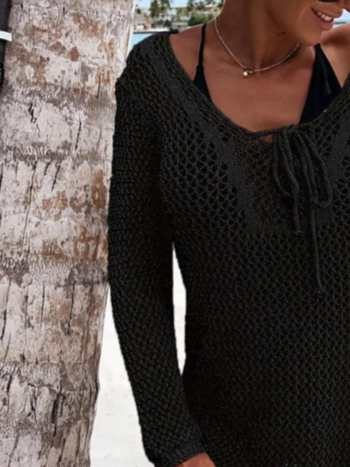 Openwork Long Sleeve Knit Cover Up - Tigbul's Variety Fashion Shop