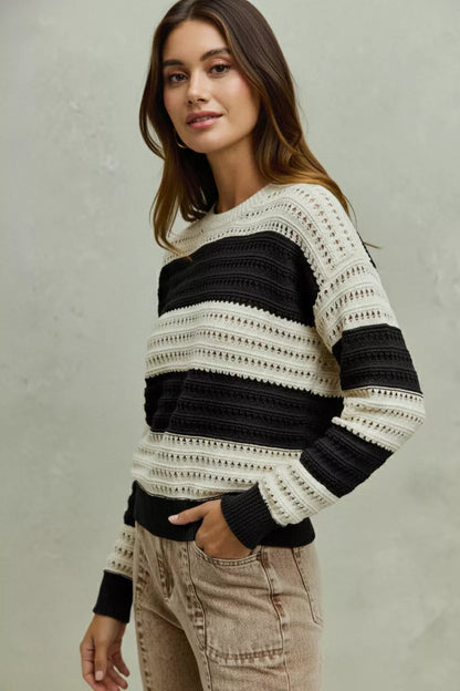 SO ME Openwork Round Neck Wide Stripe Textured Sweater - Tigbul's Variety Fashion Shop