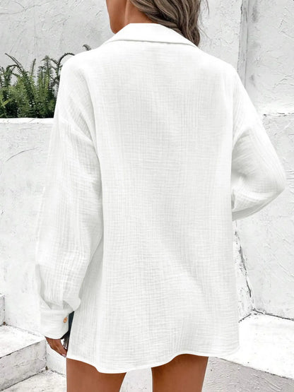 Texture Button Down Side Slit Long Sleeve Shirt - Tigbul's Variety Fashion Shop