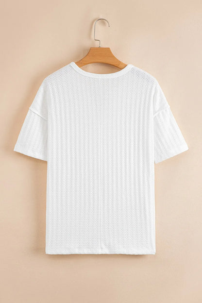 Textured Hollow Grommet Placket Split Neck Short Sleeve Top - Tigbul's Variety Fashion Shop
