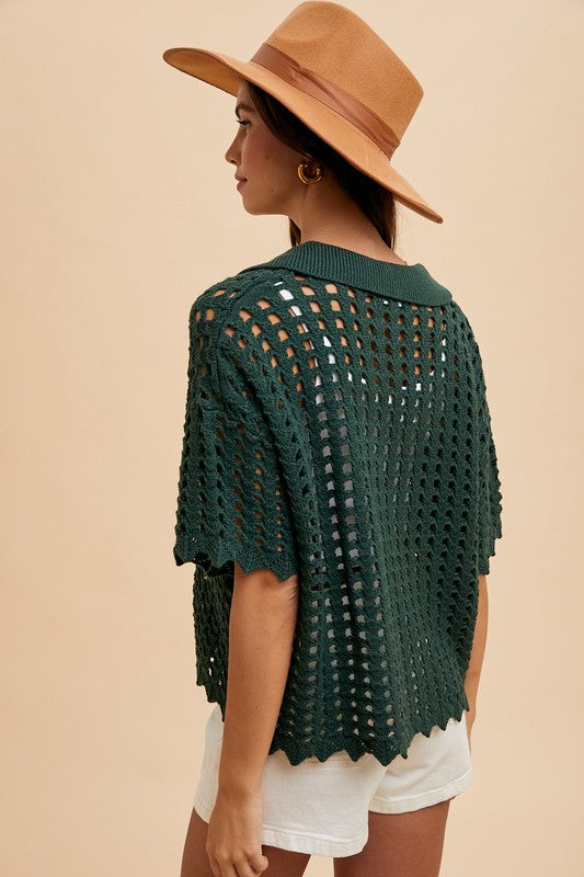 Annie Wear Openwork Johnny Collar Knit Cover Up - Tigbul's Variety Fashion Shop