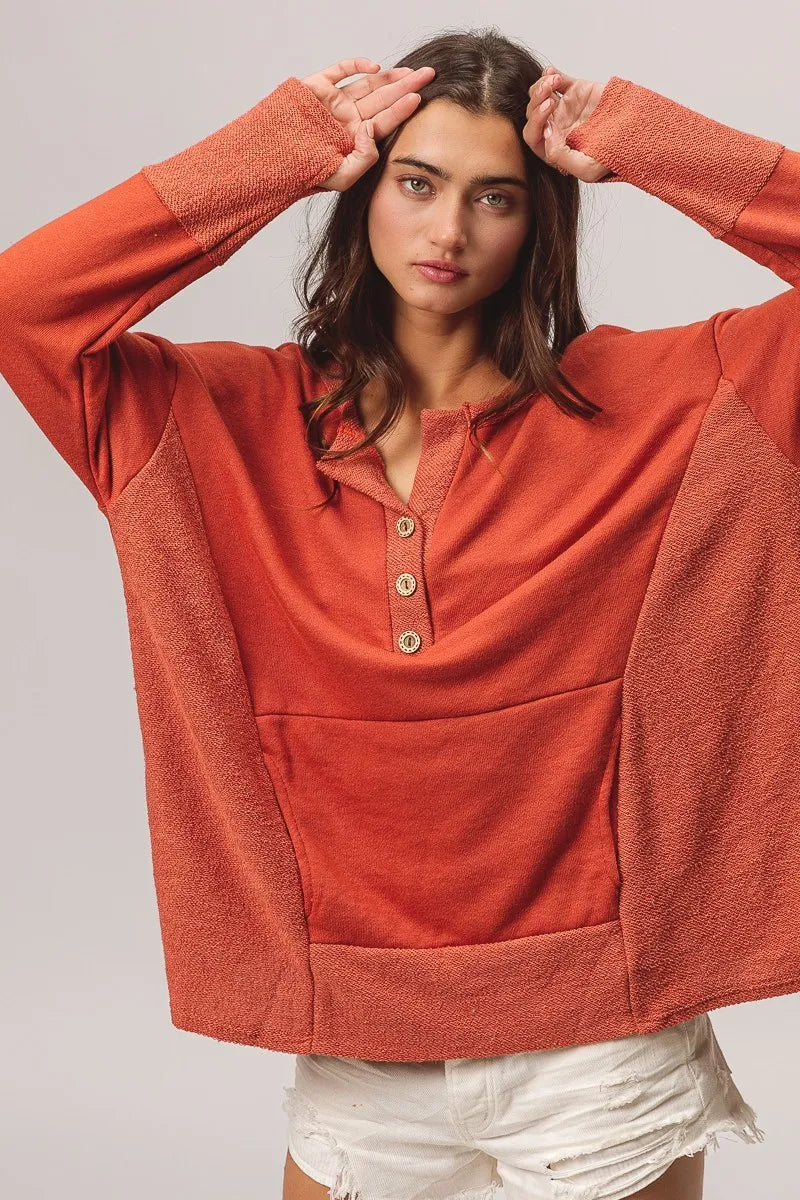 BiBi French Terry Knit Side Block Buttoned Henley Top - Tigbul's Variety Fashion Shop
