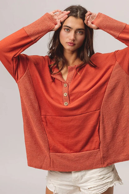 BiBi French Terry Knit Side Block Buttoned Henley Top - Tigbul's Variety Fashion Shop