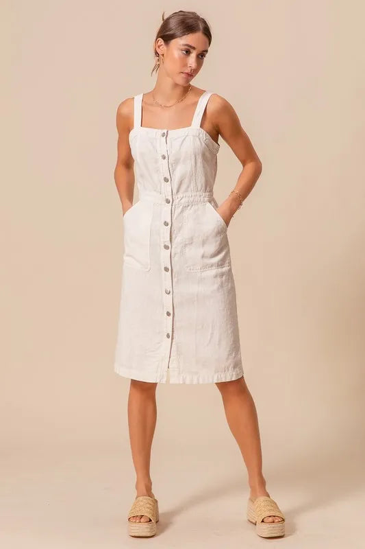 Button Down Pocket Front Off White Pinafore Dress - Tigbul's Variety Fashion Shop