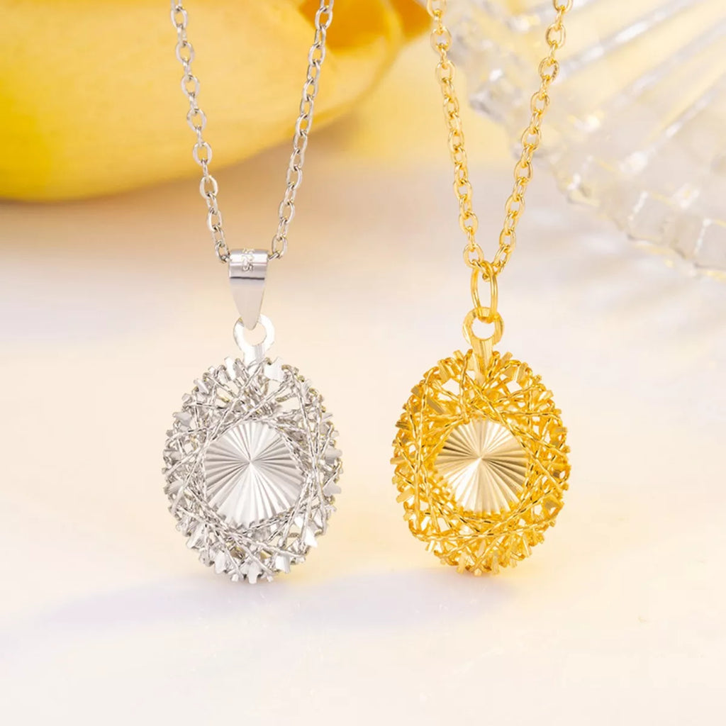 925 Sterling Silver pendant necklace, round filigree charm with sunburst center