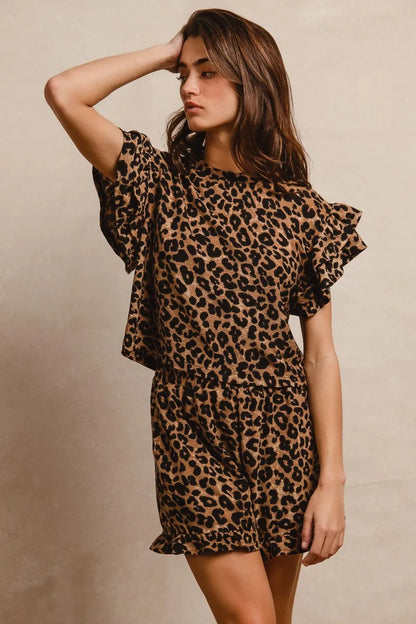 BiBi Leopard Print Waffle Texture Layered Ruffle Sleeve Top and Shorts Set - Tigbul's Variety Fashion Shop