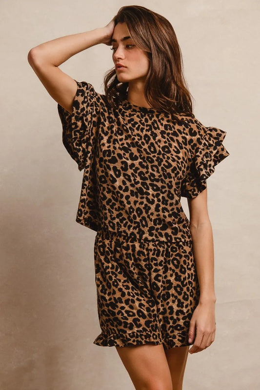 BiBi Leopard Print Waffle Texture Layered Ruffle Sleeve Top and Shorts Set - Tigbul's Variety Fashion Shop
