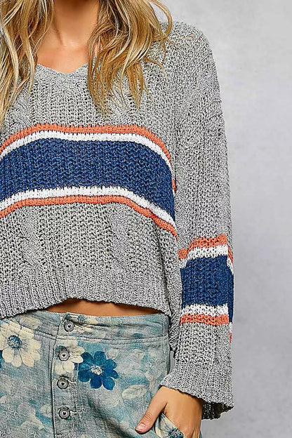 V-Neck Striped Pattern Cropped Knit Top with Cable Knit Detail - Tigbul's Variety Fashion Shop