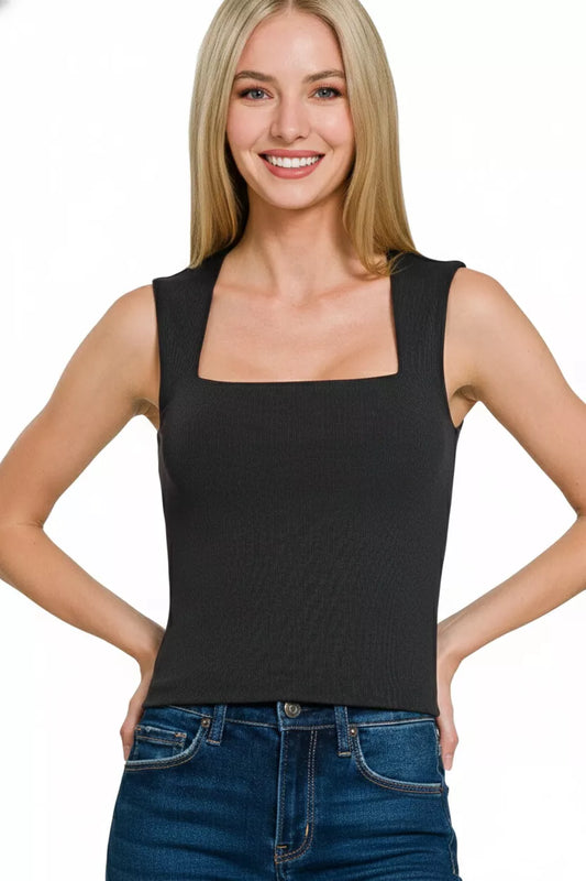 Zenana Ribbed Seamless Double Layered Square Neck Tank - Tigbul's Variety Fashion Shop